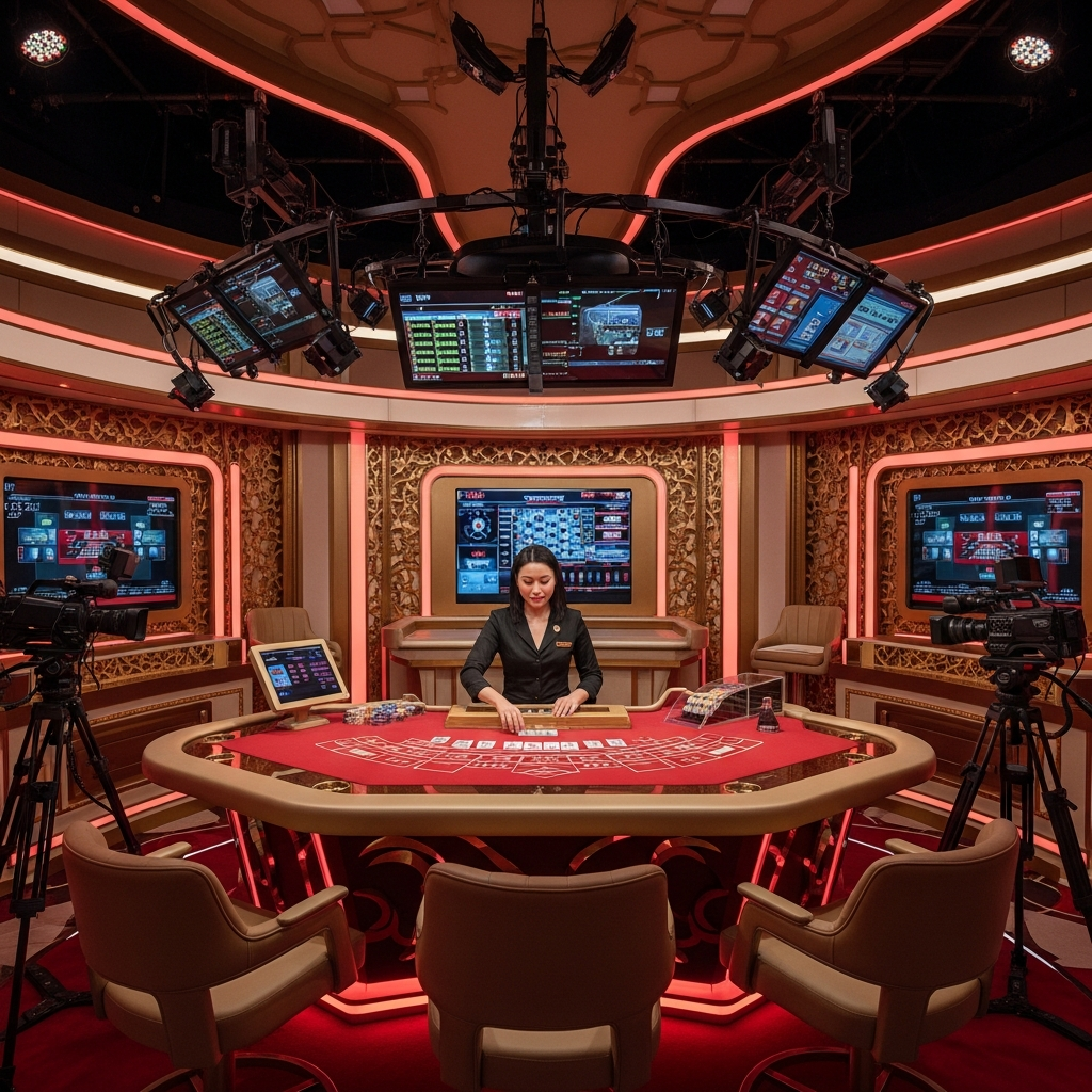 Professional luxury Evolution baccarat studio with red and gold theme